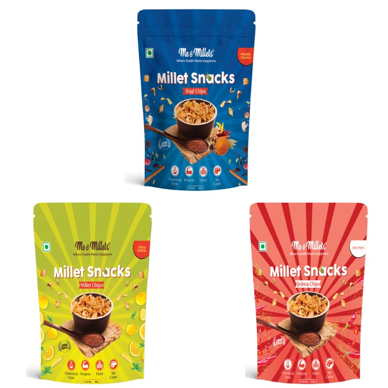 Me & Millets Snacks Assorted Packs, Ragi Chip Masala Flavour 80g, Millets Chip Spicy Pudina 80g & Quinoa Chip Peri Peri 80g (Pack of 3)