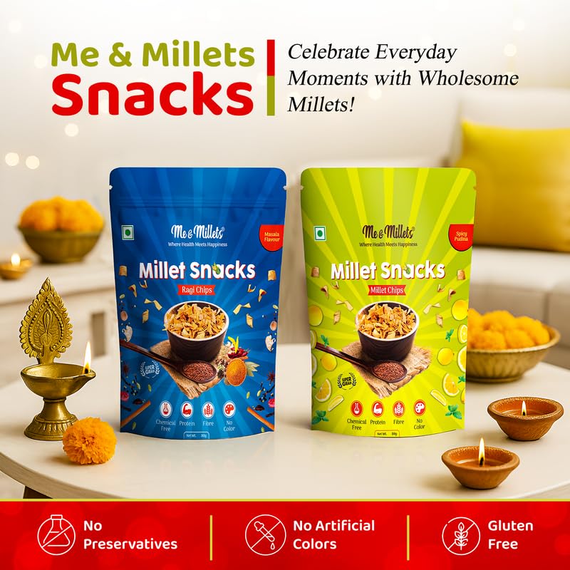 Me & Millets Cookies & Chips Gift Pack | Ragi, Jowar Cookies (75g x1 each) + Pudina, Masala Chips (80g x1 each) | No Maida | Jain Friendly | High Fiber | Diwali Gift for Family, Friends & Corporate