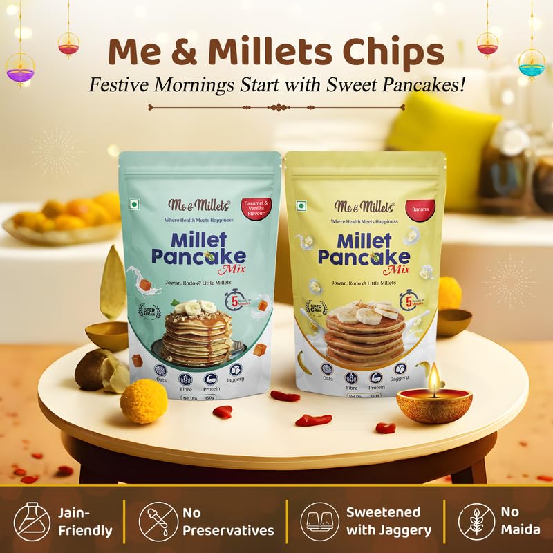 Me & Millets Pancake Mix Gift Pack (150g x4) 鈥 Caramel Vanilla, Banana, Raspberry, Chocolate | Jaggery Sweetened | No Maida | Eggless | Jain Friendly | Diwali Gift for Family, Friends & Corporate