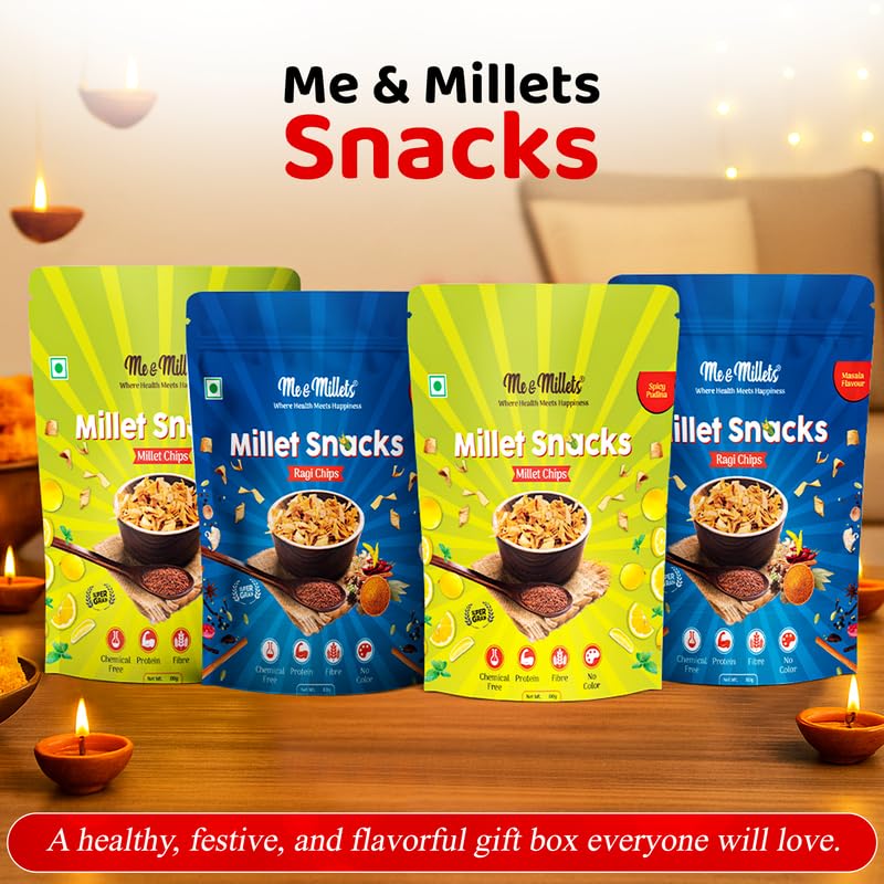 Me & Millets Cookies & Chips Gift Pack | Ragi, Jowar Cookies (75g x1 each) + Pudina, Masala Chips (80g x2 each) | No Maida | Jain Friendly | High Fiber | Diwali Gift for Family, Friends & Corporate