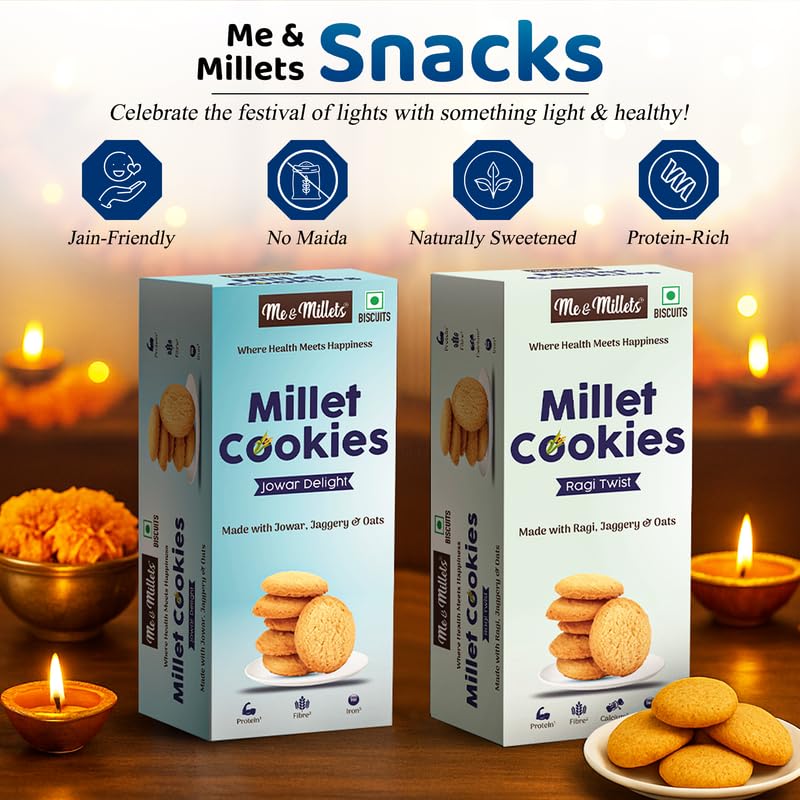 Me & Millets Gift Pack Ragi & Jowar Cookies(75g x1 each), Pudina & Masala Chips(80g x1 each), Millet Muesli (Berry & Nuts, 400g) | High Protein & Fiber | No Maida | Diwali Gift for Family & Friends