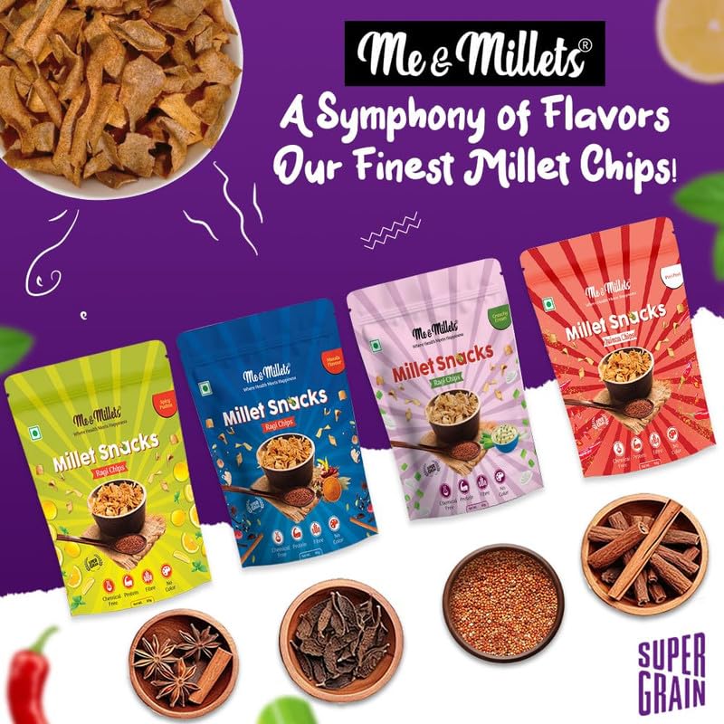 Me & Millets Ragi Chips (Pack of 4, Each 80G) Crunchy Cream, Masala, Peri Peri & Spicy Pudina Flavor Combo, Healthy & Tasty Multi-Millet Chips, No Maida, Source of Protein & Fiber, Ready to Eat Snacks