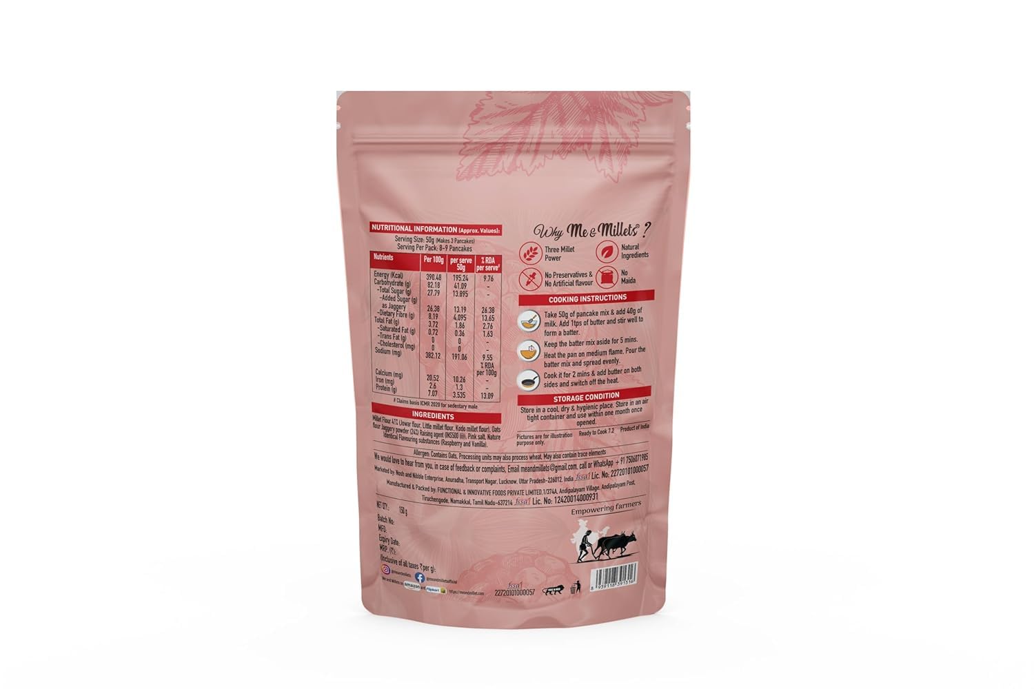 Me & Millets Raspberry Flavor Millet Pancake Mix (150g X 2) Sweetness Of Jaggery, No Maida, No Wheat, No Preservatives, Vegetarian, Eggless, Healthy Breakfast for Family (Jain Friendly)