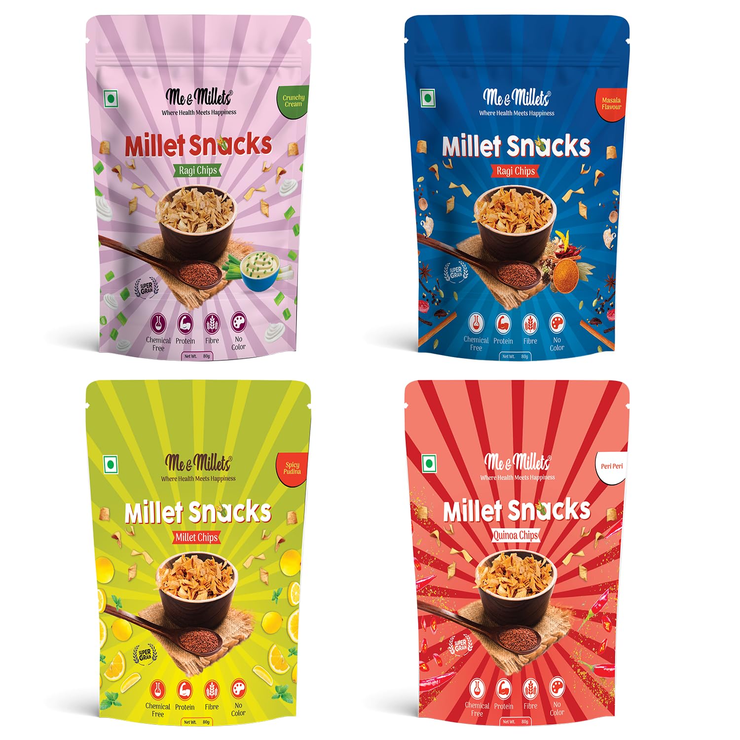 Me & Millets Ragi Chips (Pack of 4, Each 80G) Crunchy Cream, Masala, Peri Peri & Spicy Pudina Flavor Combo, Healthy & Tasty Multi-Millet Chips, No Maida, Source of Protein & Fiber, Ready to Eat Snacks