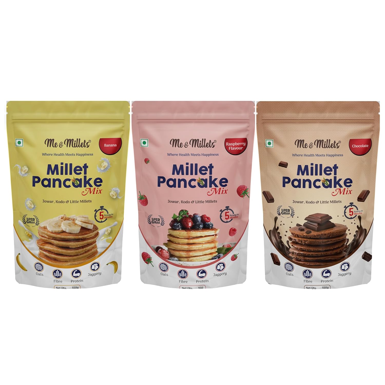 Me & Millets Millet Pancake Mix (150gX3) Banana, Raspberry & Chocolate, Sweetness Of Jaggery, No Maida, No Wheat, No Preservatives, Vegetarian, Eggless, Healthy Breakfast for Family (Jain Friendly)
