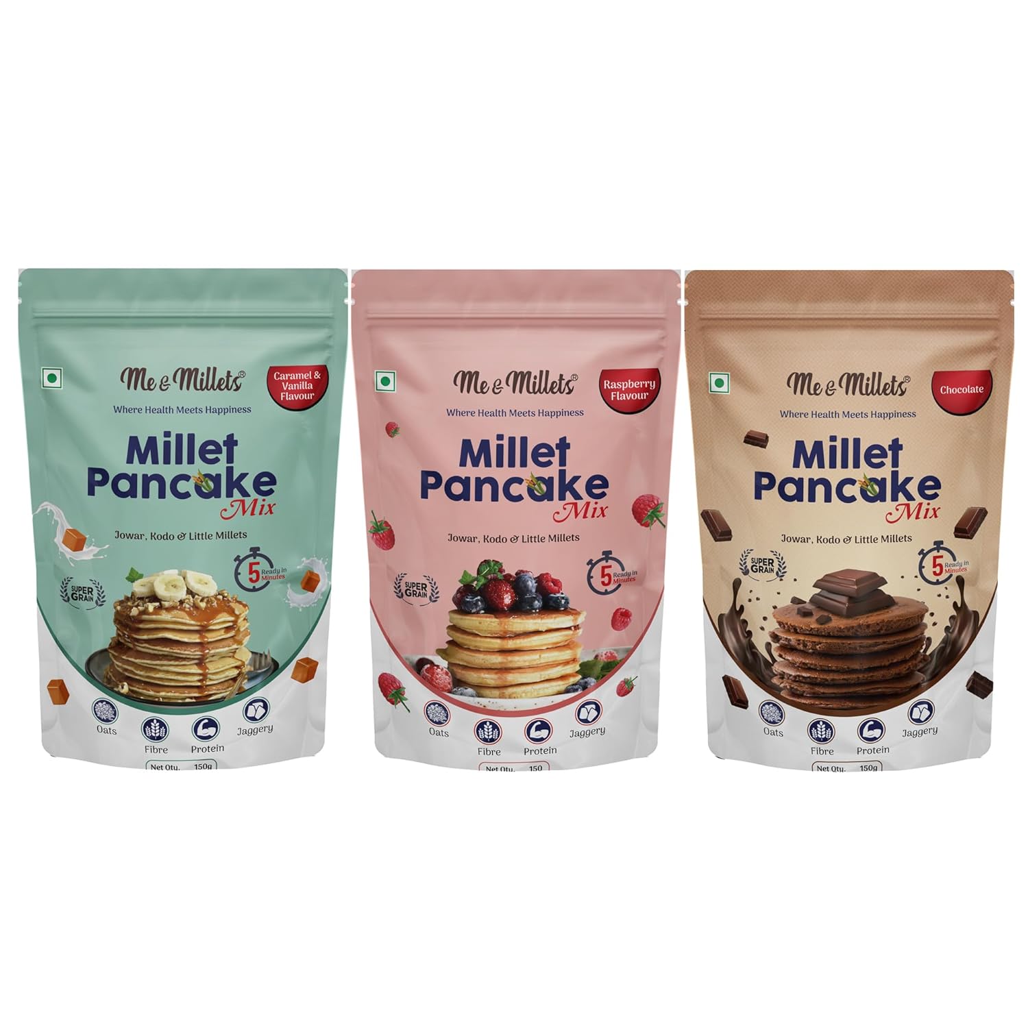 Me & Millets Millet Pancake Mix (150gX3) Caramel, Vanilla, Raspberry & Chocolate, Sweetness Of Jaggery, No Maida, No Wheat, No Preservatives, Eggless, Healthy Breakfast for Family (Jain Friendly)