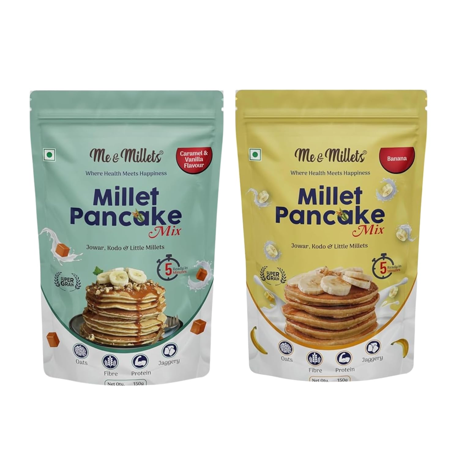 Me & Millets Millet Pancake Mix (150g X 2) Caramel, Vanilla & Banana, Sweetness Of Jaggery, No Maida, No Wheat, No Preservatives, Vegetarian, Eggless, Healthy Breakfast for Family (Jain Friendly)