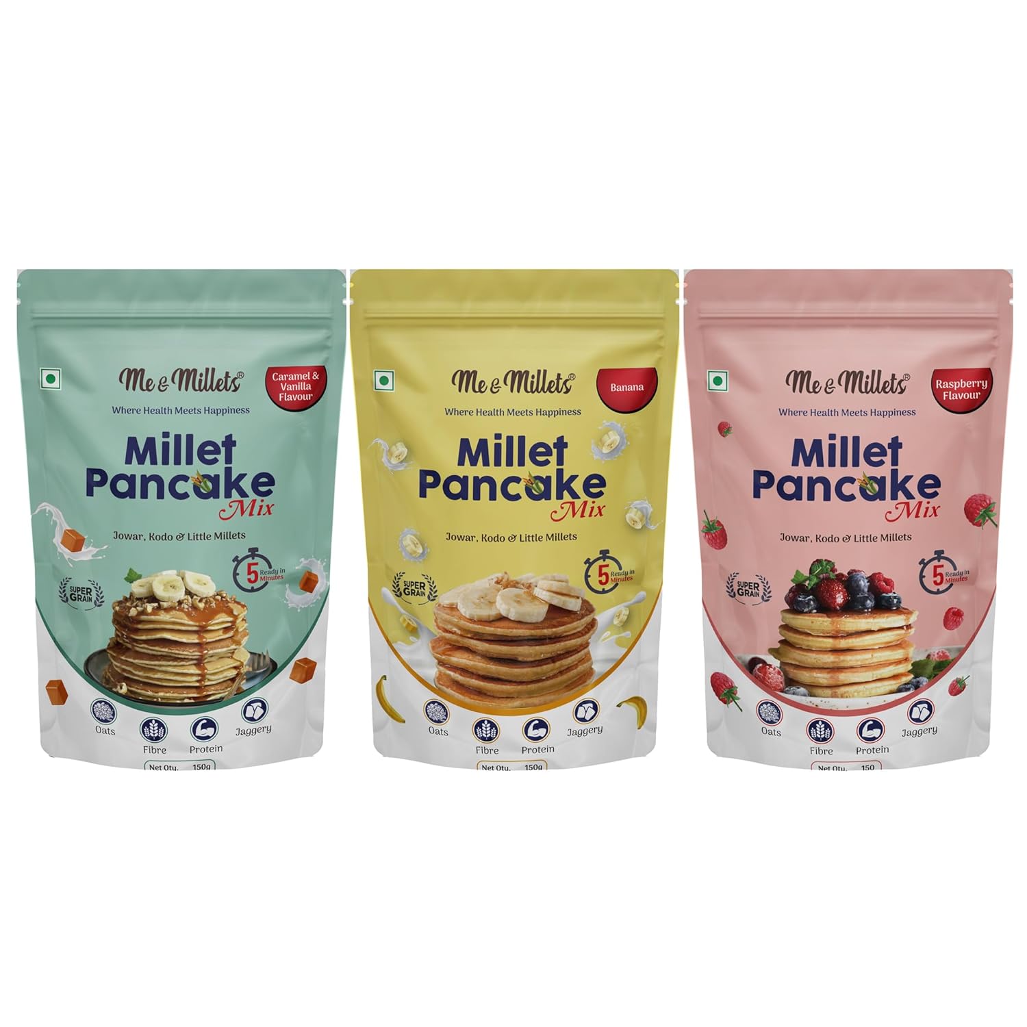 Me & Millets Healthy Millet Pancake Mix (Pack of 3) - Caramel & Vanilla, Banana and Raspberry Flavor, No Maida & Preservatives, 100% Vegetarian Egg-less Healthy Breakfast for Kids & Adults (150gX3)