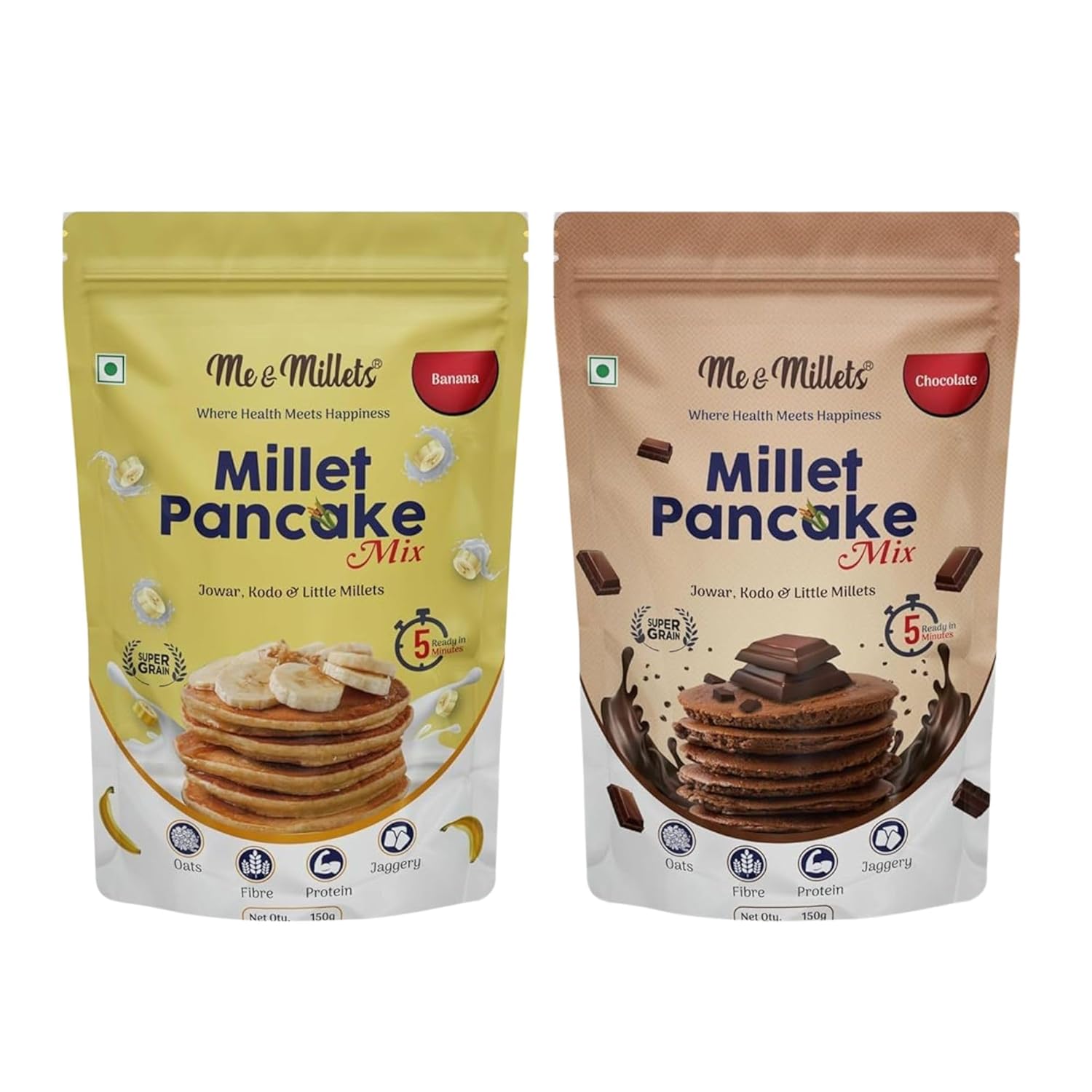 Me & Millets Chocolate and Banana Millet Pancake Mix (150g X 2) Sweetness Of Jaggery, No Maida, No Wheat, No Preservatives, Vegetarian, Eggless, Healthy Breakfast for Family (Jain Friendly)