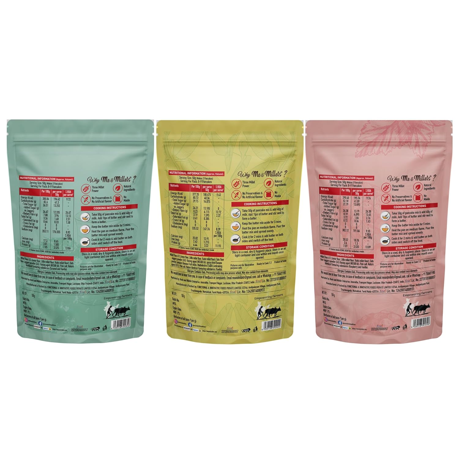 Me & Millets Healthy Millet Pancake Mix (Pack of 3) - Caramel & Vanilla, Banana and Raspberry Flavor, No Maida & Preservatives, 100% Vegetarian Egg-less Healthy Breakfast for Kids & Adults (150gX3)