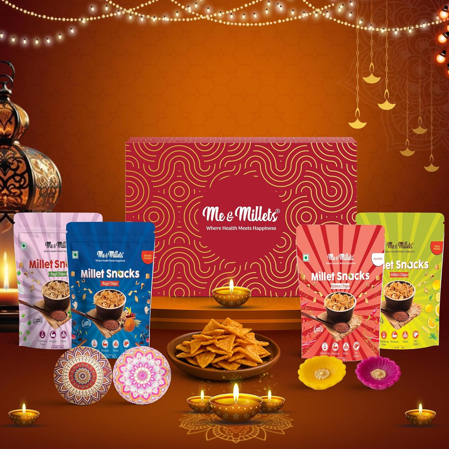 Me & Millets Ragi Chips Gift Pack of 4 (80g Each) | Crunchy Cream, Masala, Peri Peri, Pudina Flavor Combo | No Maida, High Protein & Fiber | Healthy Snack | Diwali Gift for Family & Friends
