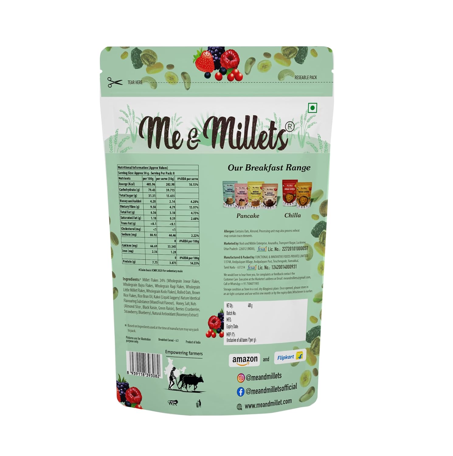 Me & Millets Millet Muesli Berry and Nuts (400 g) - Rich In High Protein & Fibre, Millet Muesli With Oats, Nuts, Berries and Honey