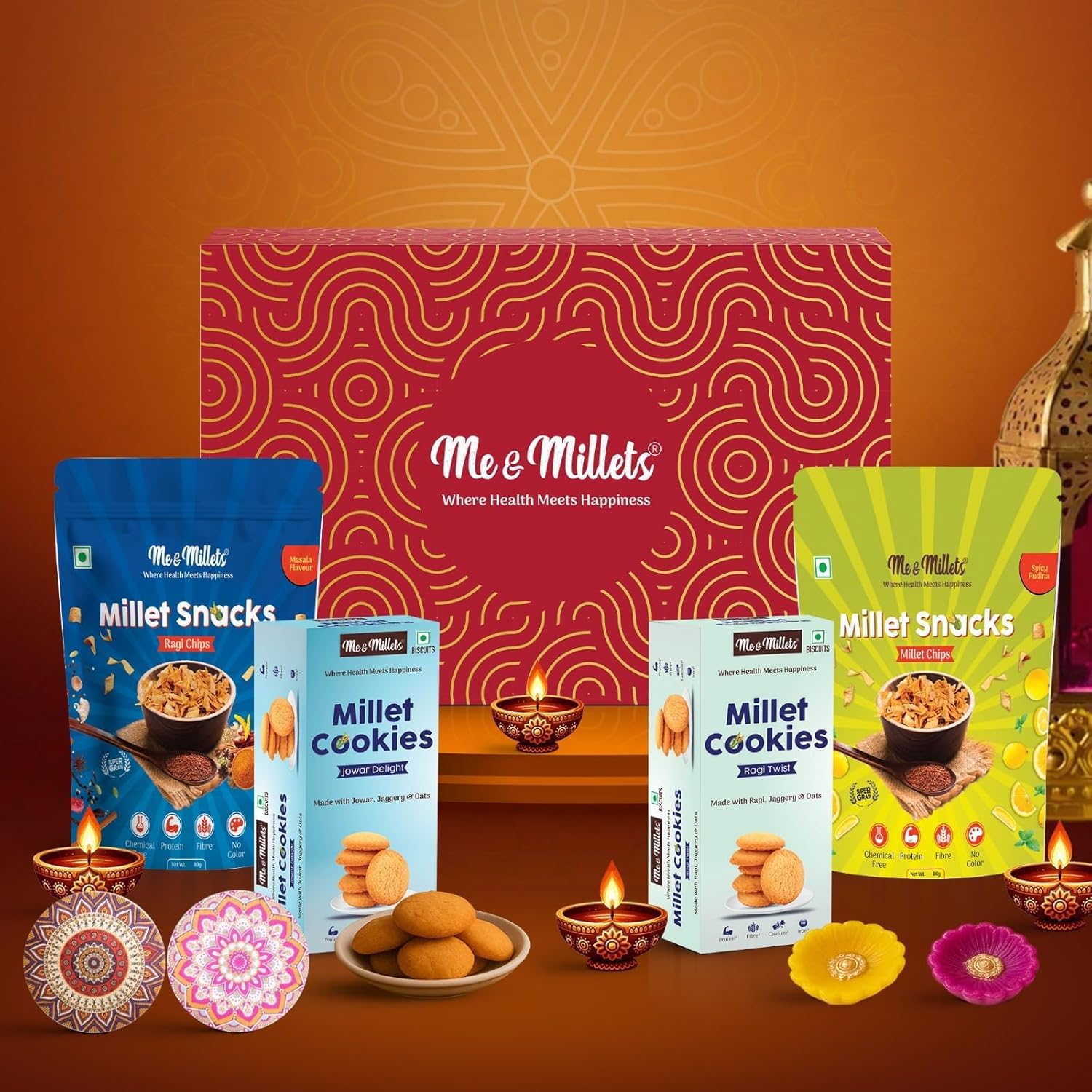 Me & Millets Cookies & Chips Gift Pack | Ragi, Jowar Cookies (75g x1 each) + Pudina, Masala Chips (80g x1 each) | No Maida | Jain Friendly | High Fiber | Diwali Gift for Family, Friends & Corporate
