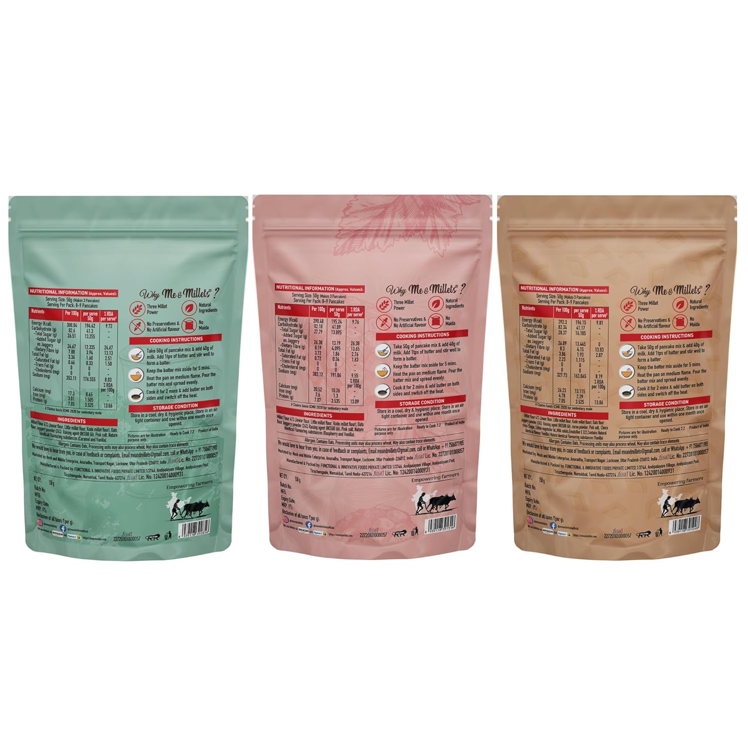 Me & Millets Millet Pancake Mix (150gX3) Caramel, Vanilla, Raspberry & Chocolate, Sweetness Of Jaggery, No Maida, No Wheat, No Preservatives, Eggless, Healthy Breakfast for Family (Jain Friendly)