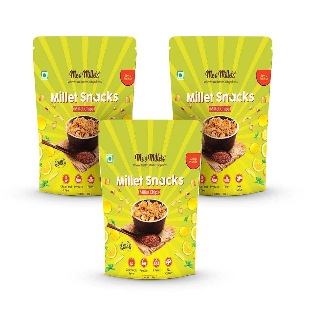 Me & Millets Snacks Assorted Packs - 80g (Pack of 3) Millets Chips Spicy Pudina