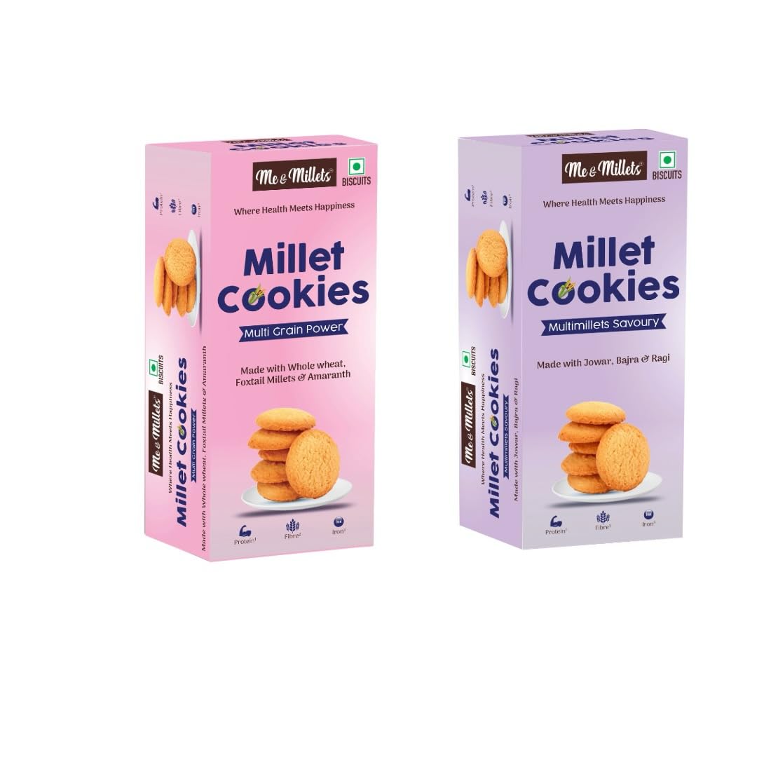 Me & Millets Combo Multimillets Savoury & Multigrain Power Cookies (75g X 2) Delicious Millets Biscuits, Rich In Fiber & Protein, Healthy Tea Snack (Jain Friendly)