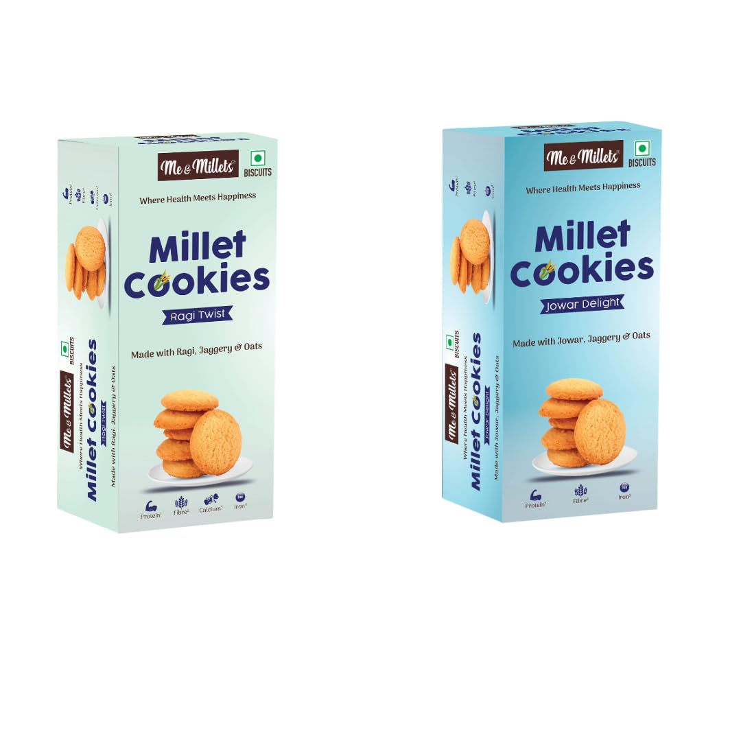 Me & Millets Combo Jowar Delight & Ragi Twist Cookies (75g X 2) Delicious Millets Biscuits, Rich In Fiber & Protein, Healthy Tea Snack (Jain Friendly)