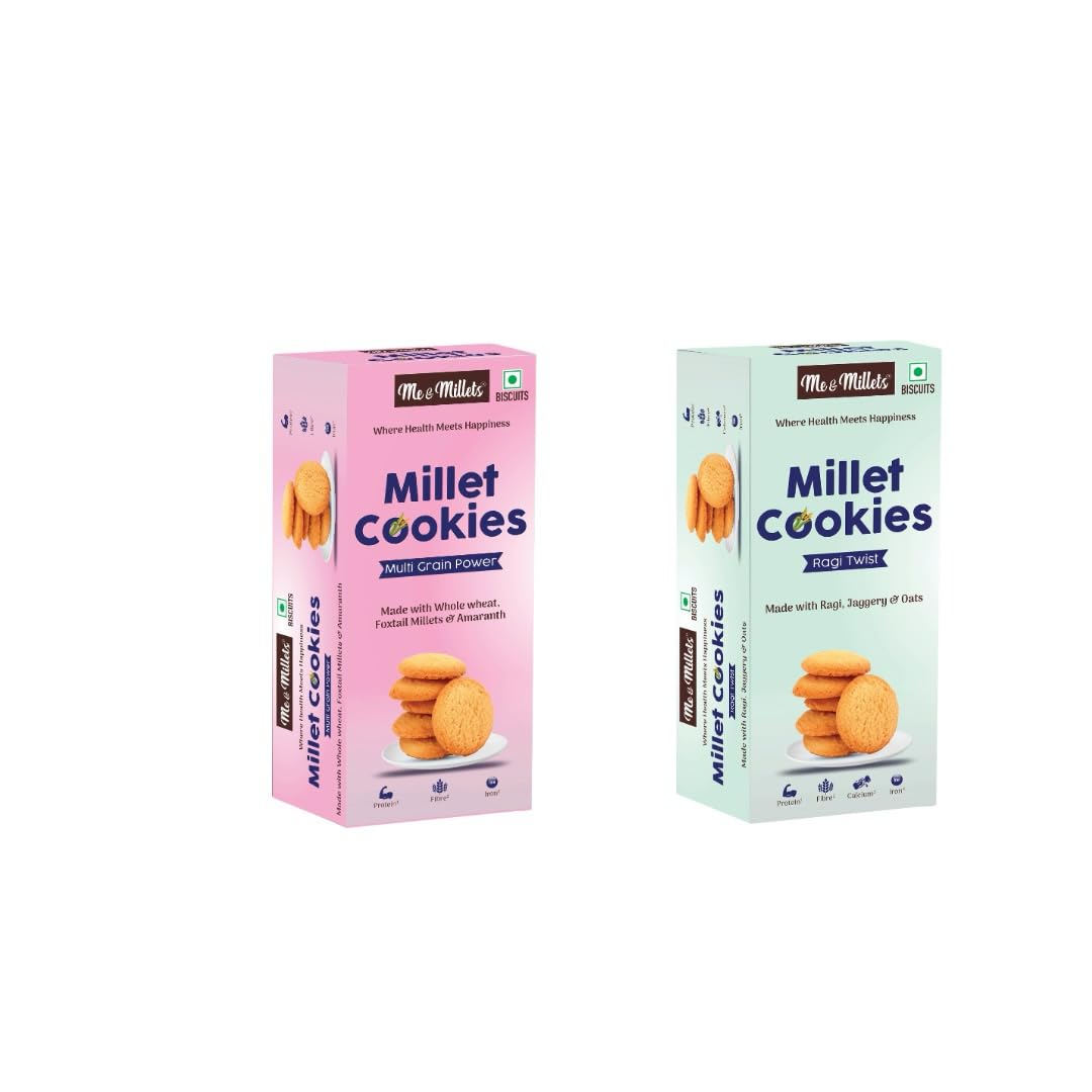 Me & Millets Combo Ragi Twist & Multigrain Power Cookies (75g X 2) Delicious Millets Biscuits, Rich In Fiber & Protein, Healthy Tea Snack (Jain Friendly)