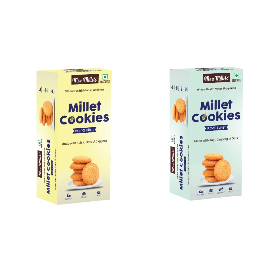 Me & Millets Combo Bajra Bites & Ragi Twist Cookies (75g X 2) Delicious Millets Biscuits, Rich In Fiber & Protein, Healthy Tea Snack (Jain Friendly)