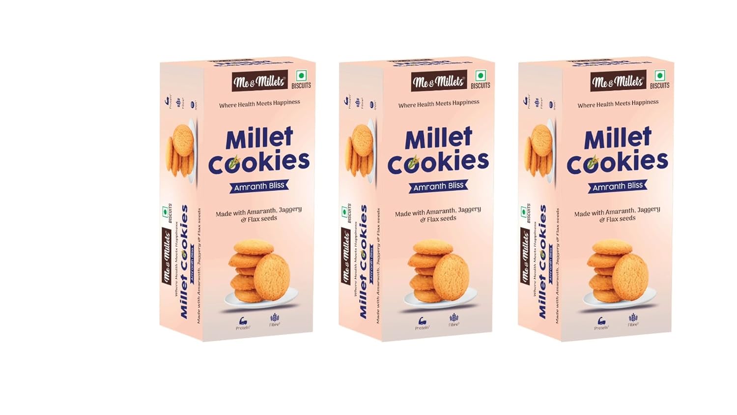 Me & Millets Cookies Amaranth Bliss (75g X 3) - Delicious Millets Biscuits, Rich In Fiber & Protein, Healthy Tea Snack (Jain Friendly)