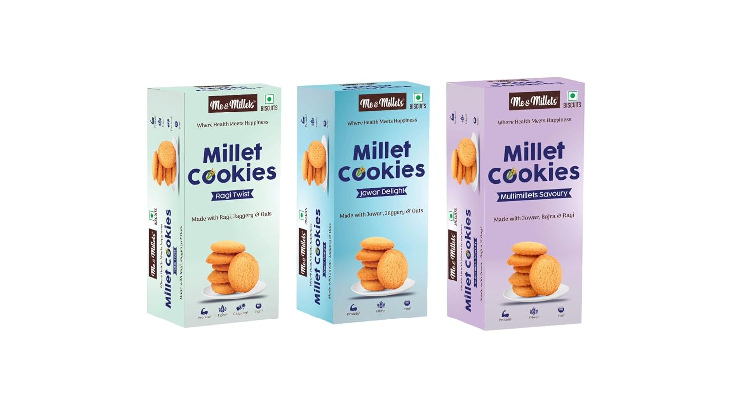 Me & Millets Combo Ragi Twist, Jowar Delight & Multimillets Savoury Cookies (75g X 3) Delicious Millets Biscuits, Rich In Fiber & Protein, Healthy Tea Snack (Jain Friendly)