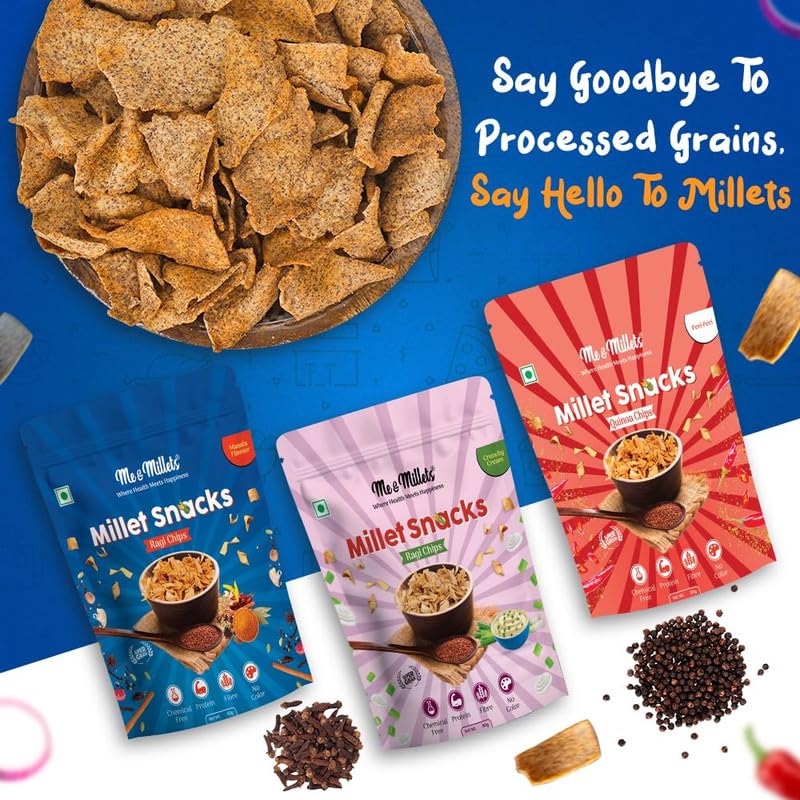 Me & Millets Snacks Assorted Packs Ragi Chip Crunchy Cream 80g, Ragi Chip Masala Flavour 80g & Quinoa Chip Peri Peri 80g (Pack of 3)