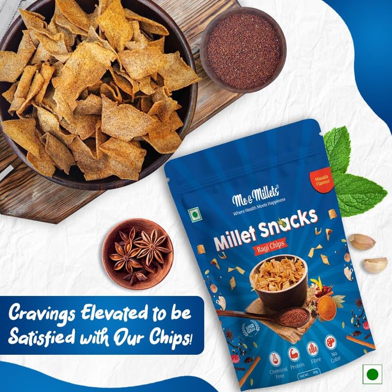 Me & Millets Ragi Chips (Pack of 4, Each 80G) Masala & Spicy Pudina Flavor Combo, Healthy & Tasty Multi-Millet Chips, No Maida, Source of Protein & Fiber, Ready to Eat Snacks