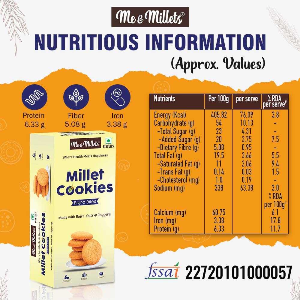 Me & Millets Combo Bajra Bites & Ragi Twist Cookies (75g X 2) Delicious Millets Biscuits, Rich In Fiber & Protein, Healthy Tea Snack (Jain Friendly)