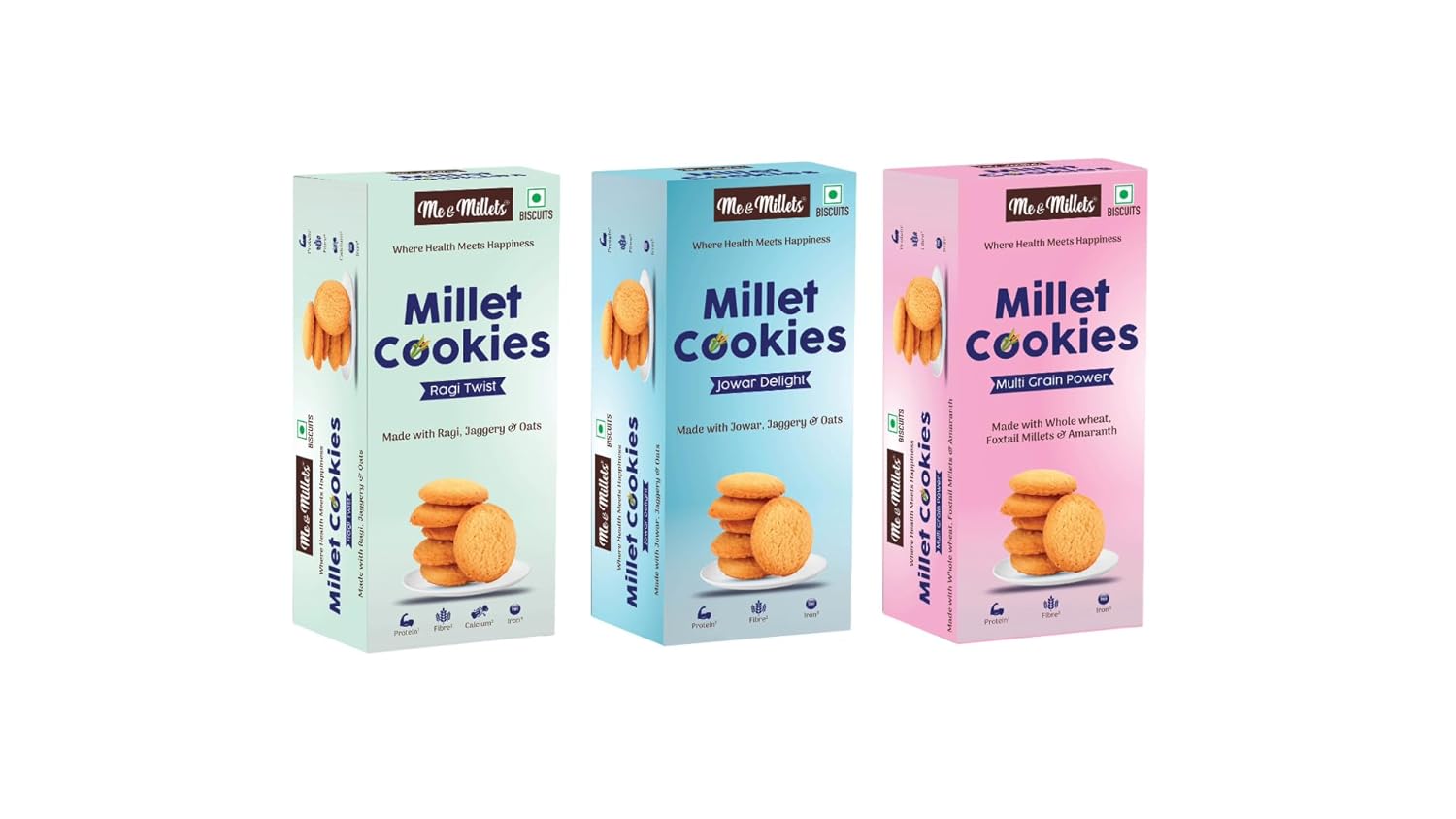 Me & Millets Combo Ragi Twist, Jowar Delight & Multigrain Power Cookies (75g X 3) Delicious Millets Biscuits, Rich In Fiber & Protein, Healthy Tea Snack (Jain Friendly)