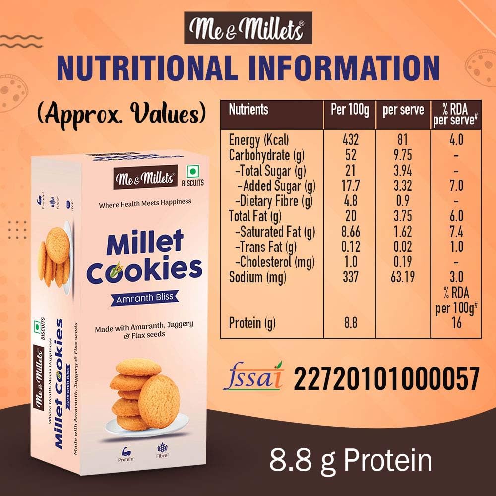 Me & Millets Amaranth Bliss Cookies (75g X 2) Delicious Millets Biscuits, Rich In Fiber & Protein, Healthy Tea Snack With Tasty Jaggery (Jain Friendly)