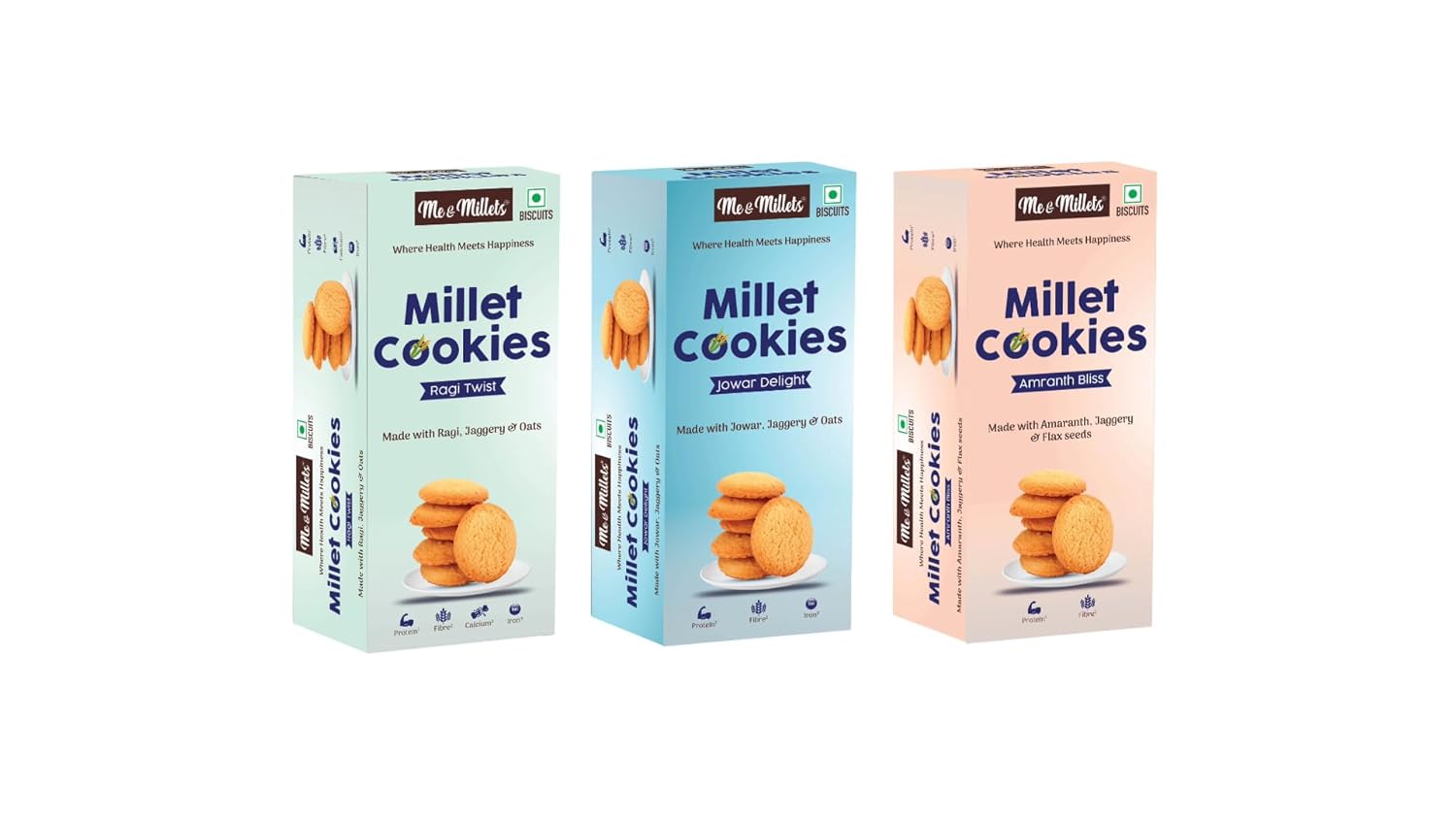 Me & Millets Combo Ragi Twist, Amaranth Bliss & Jowar Delight Cookies (75g X 3) Delicious Millets Biscuits, Rich In Fiber & Protein, Healthy Tea Snack (Jain Friendly)