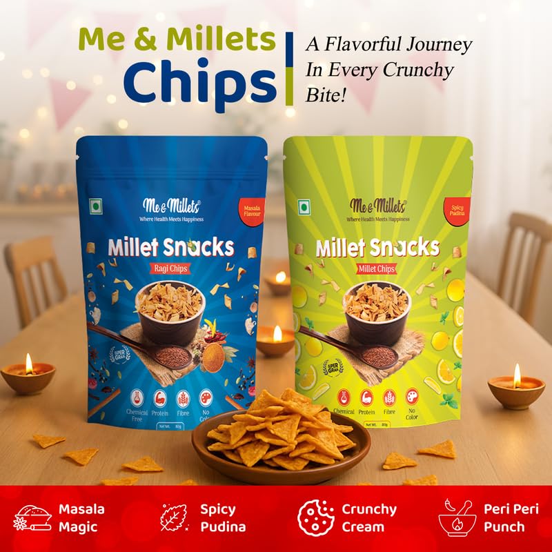 Me & Millets Ragi Chips Gift Pack of 4 (80g Each) | Crunchy Cream, Masala, Peri Peri, Pudina Flavor Combo | No Maida, High Protein & Fiber | Healthy Snack | Diwali Gift for Family & Friends