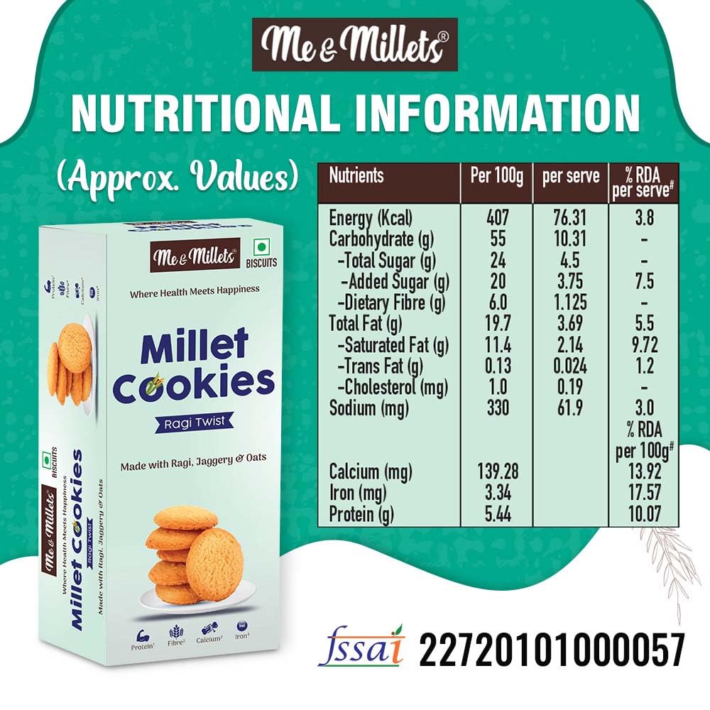 Me & Millets Ragi twist Cookies (75g X 2) Delicious Millets Biscuits, Rich In Fiber & Protein, Healthy Tea Snack With Tasty Jaggery (Jain Friendly)