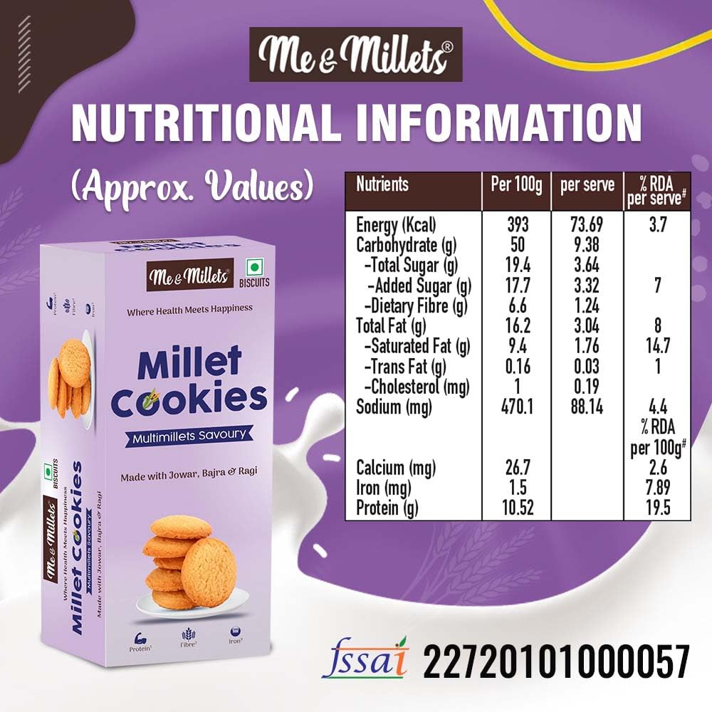 Me & Millets Multimillets Savoury Cookies (75g X 2) Delicious Millets Biscuits, Rich In Fiber & Protein, Healthy Tea Snack With Tasty Jaggery (Jain Friendly)