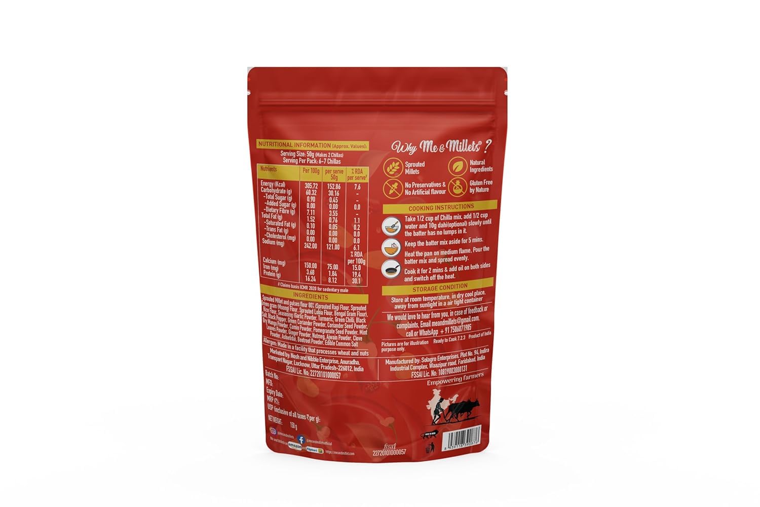 Me & Millets Sprouted Millet Ragi Chilla Mix Combo (150g X 2) - Chatpata Masala, No Preservatives, No Palm Oil, Natural Healthy Protein & Fiber-Rich Breakfast For Kids & Family (Jain Friendly)