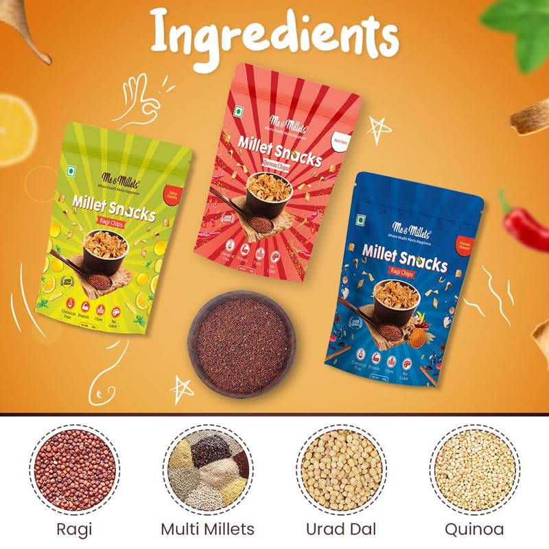 Me & Millets Snacks Assorted Packs, Ragi Chip Masala Flavour 80g, Millets Chip Spicy Pudina 80g & Quinoa Chip Peri Peri 80g (Pack of 3)