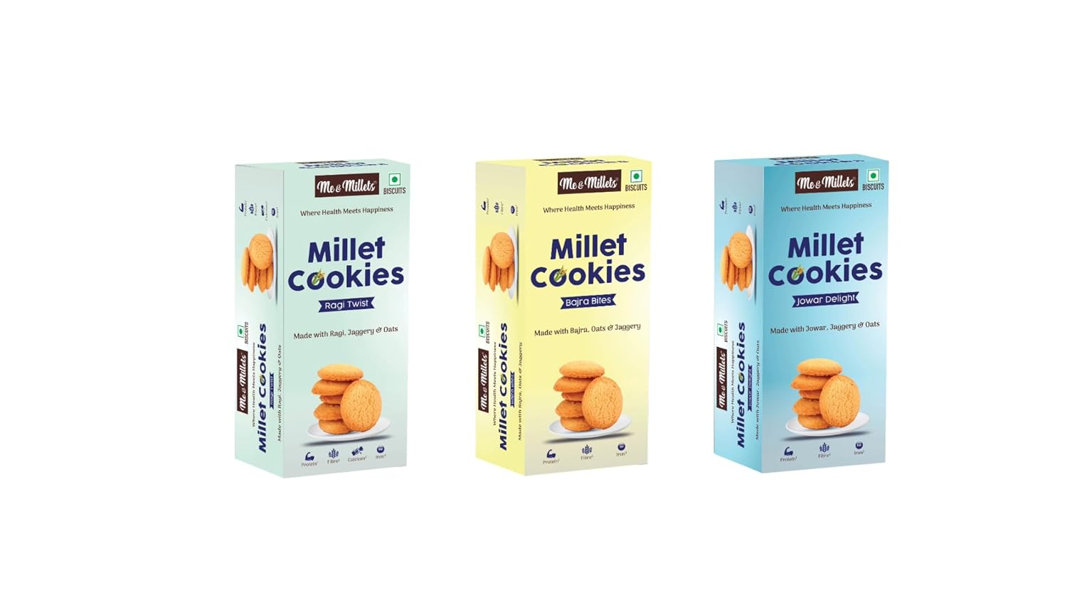 Me & Millets Combo Ragi Twist, Bajra Bites & Jowar Delight Cookies (75g X 3) Delicious Millets Biscuits, Rich In Fiber & Protein, Healthy Tea Snack (Jain Friendly)
