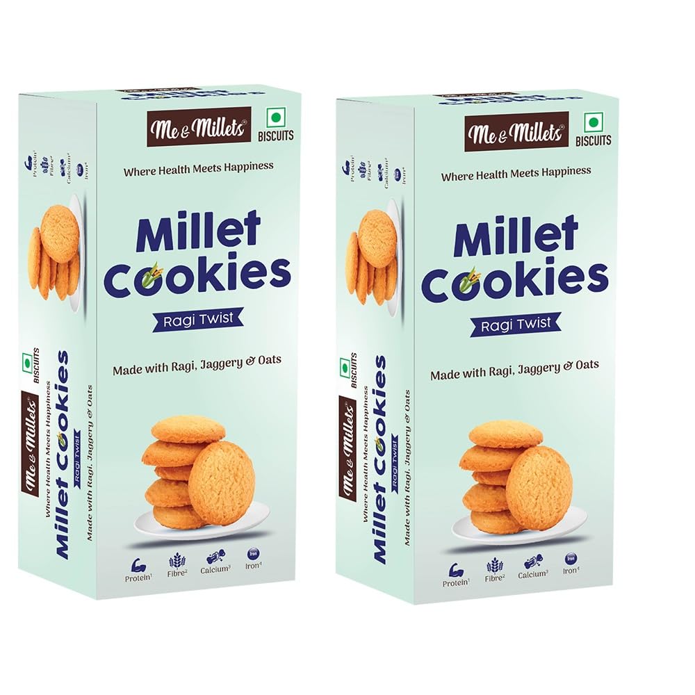Me & Millets Ragi twist Cookies (75g X 2) Delicious Millets Biscuits, Rich In Fiber & Protein, Healthy Tea Snack With Tasty Jaggery (Jain Friendly)