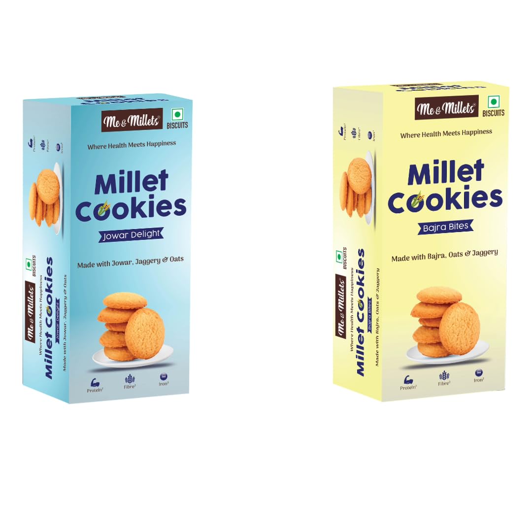 Me & Millets Combo Bajra Bites & Jowar Delight Cookies (75g X 2) Delicious Millets Biscuits, Rich In Fiber & Protein, Healthy Tea Snack (Jain Friendly)