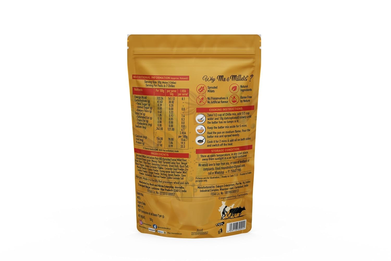 Me & Millets Sprouted Foxtail Millet Chilla Mix Combo (150gX2) - Indian Masala, No Preservatives, No Palm Oil, Natural Healthy Protein & Fiber-Rich Breakfast For Kids & Family (Jain Friendly)