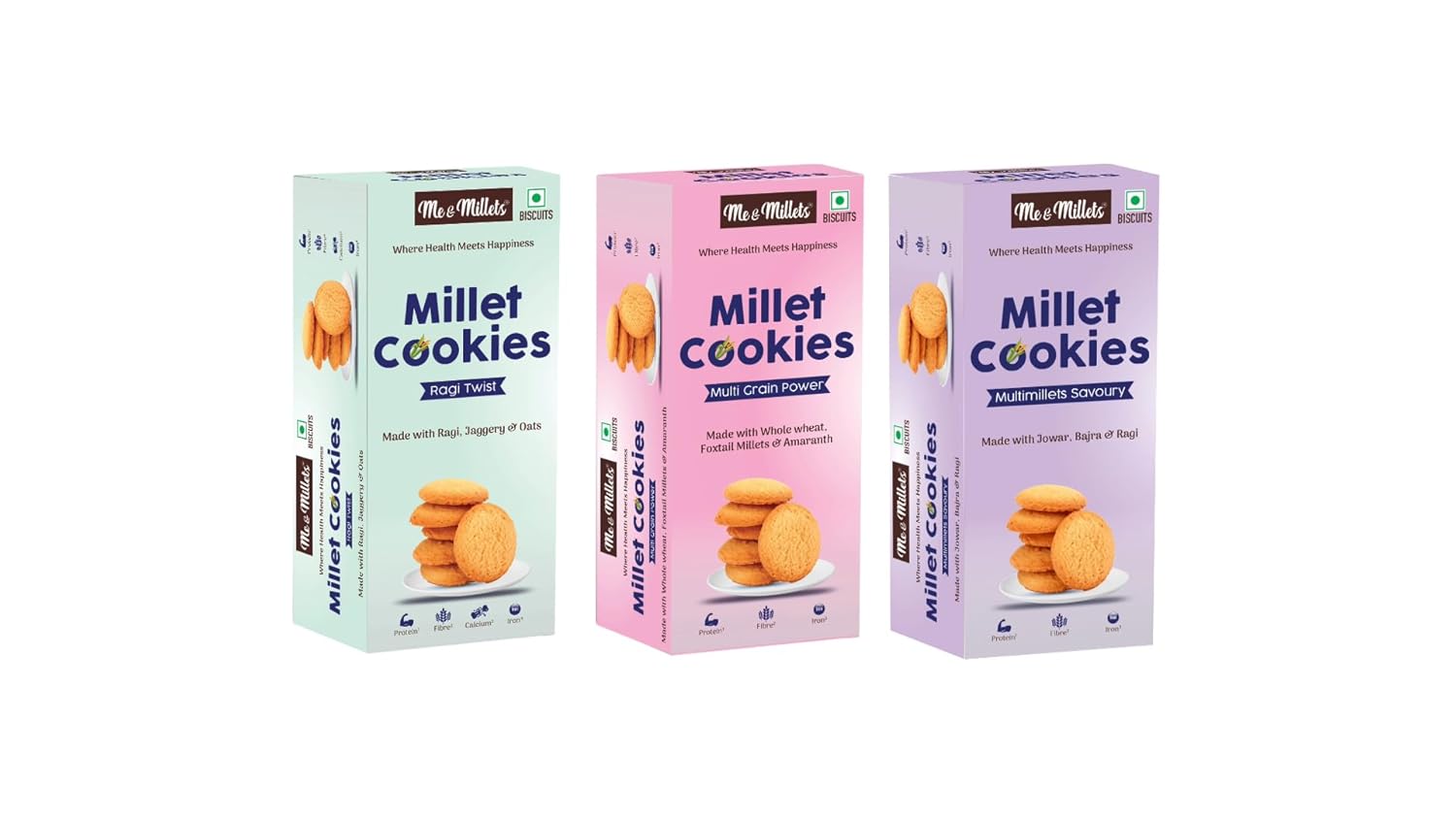 Me & Millets Cookies Multimillets Savoury, Multigrain Power & Ragi Twist Cookies (75g X 3) Delicious Millets Biscuits, Rich In Fiber & Protein, Healthy Tea Snack (Jain Friendly)