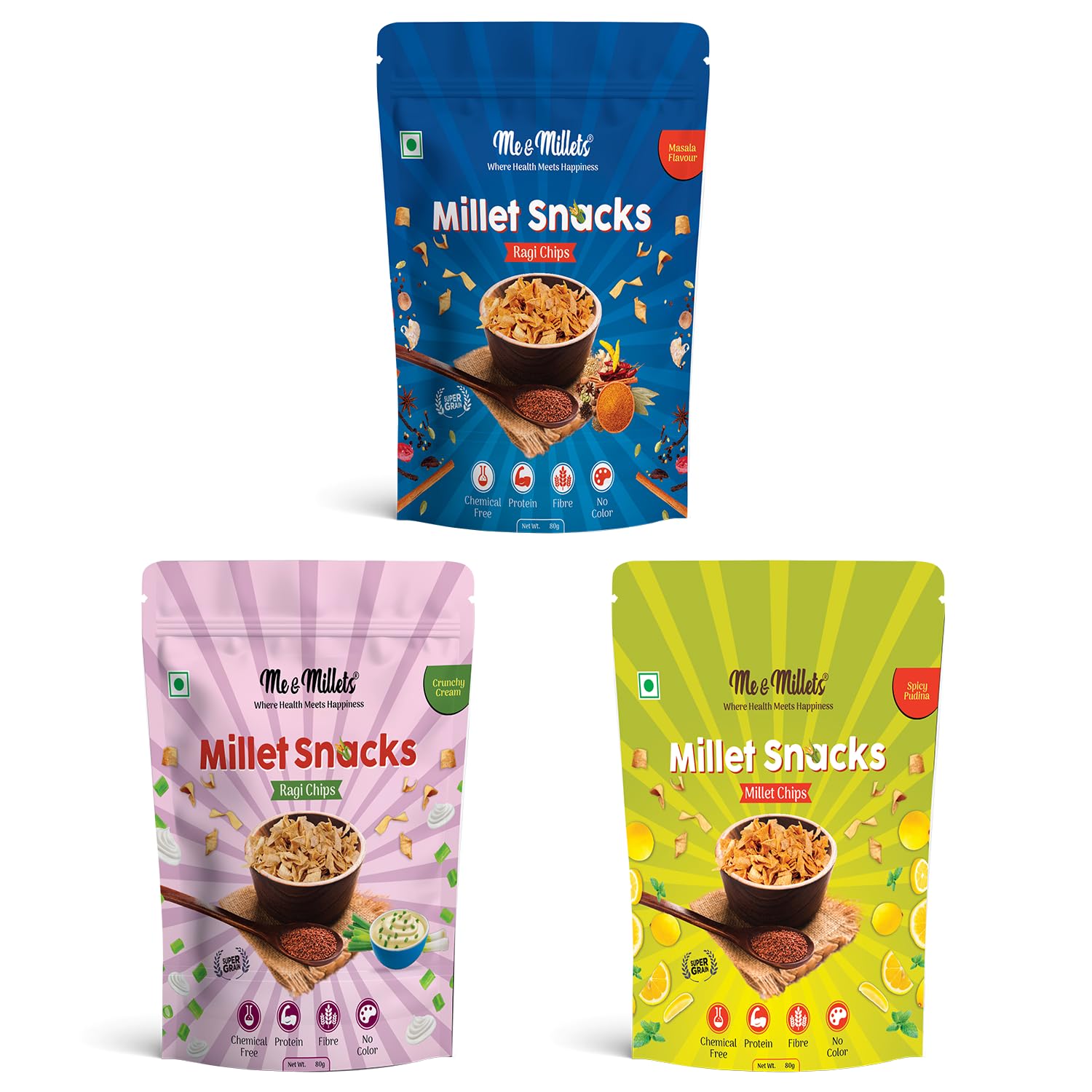 Me & Millets Snacks Assorted Packs - 80g (Pack of 3) Ragi Chip Crunchy Cream, Ragi Chips Masala Flavour, Millets Chips Spicy Pudina