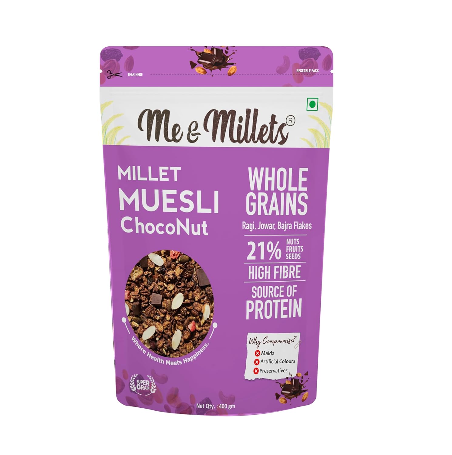 Me & Millets Millet Muesli Chocolate and Nuts (400 g) - Rich In High Protein & Fibre, Millet Muesli With Oats & Nuts (Jain Friendly)