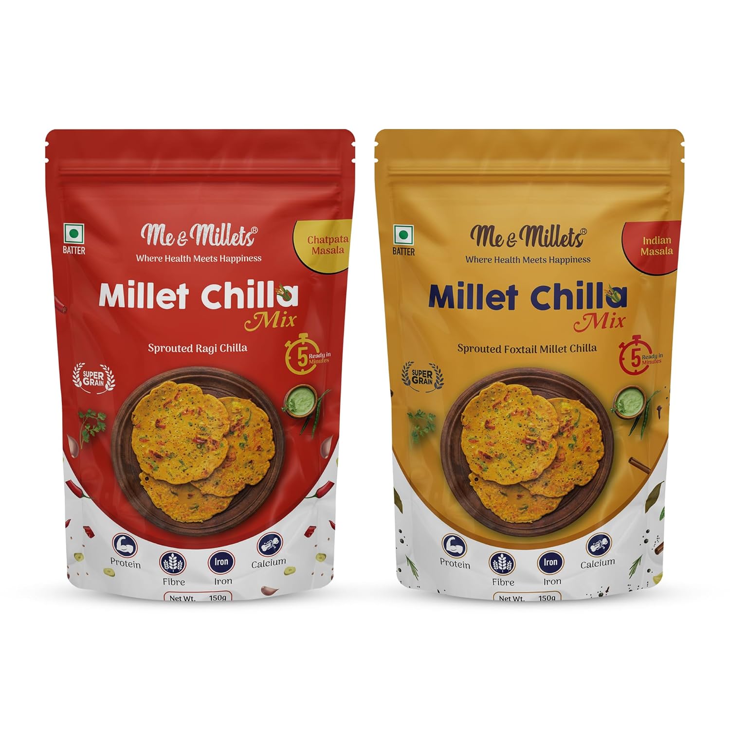 Me & Millets Sprouted Ragi Chilla & Foxtail Millet Chilla Mix Combo (150gX2) - Chatpata & Indian Masala, No Preservatives, Natural Healthy Protein & Fiber-Rich Breakfast For Family (Jain Friendly)