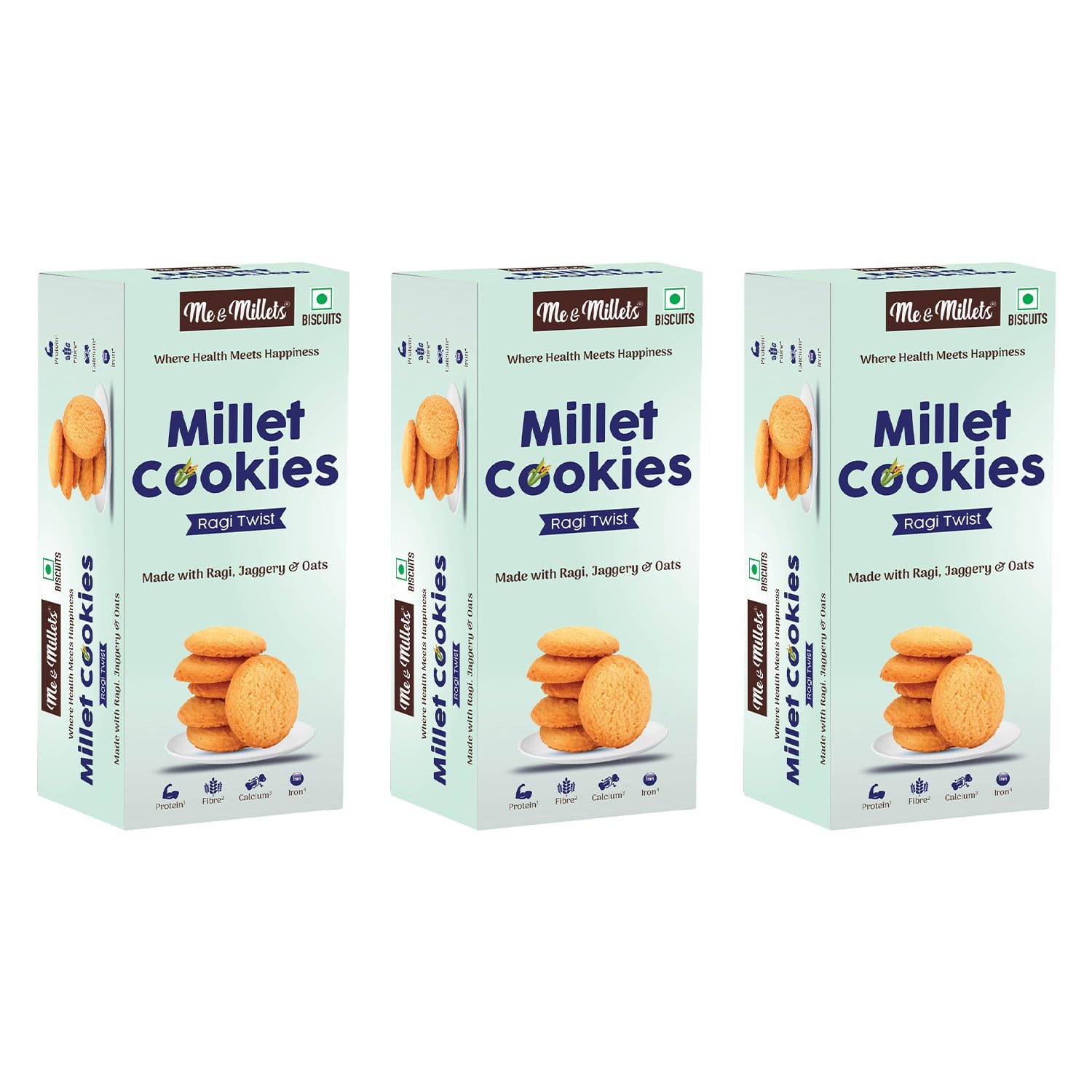 Me & Millets Cookies - Ragi Twist (Pack of 3, Each 75g) - Delicious Millets Biscuits, Rich In Protein & Fiber, Healthy Tea Snack (Jain Friendly)