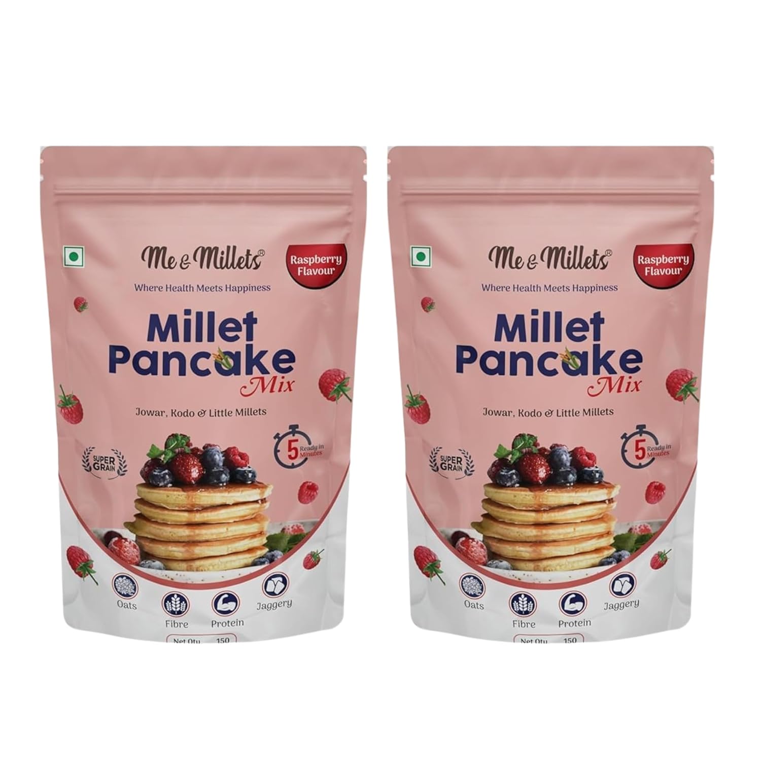 Me & Millets Raspberry Flavor Millet Pancake Mix (150g X 2) Sweetness Of Jaggery, No Maida, No Wheat, No Preservatives, Vegetarian, Eggless, Healthy Breakfast for Family (Jain Friendly)
