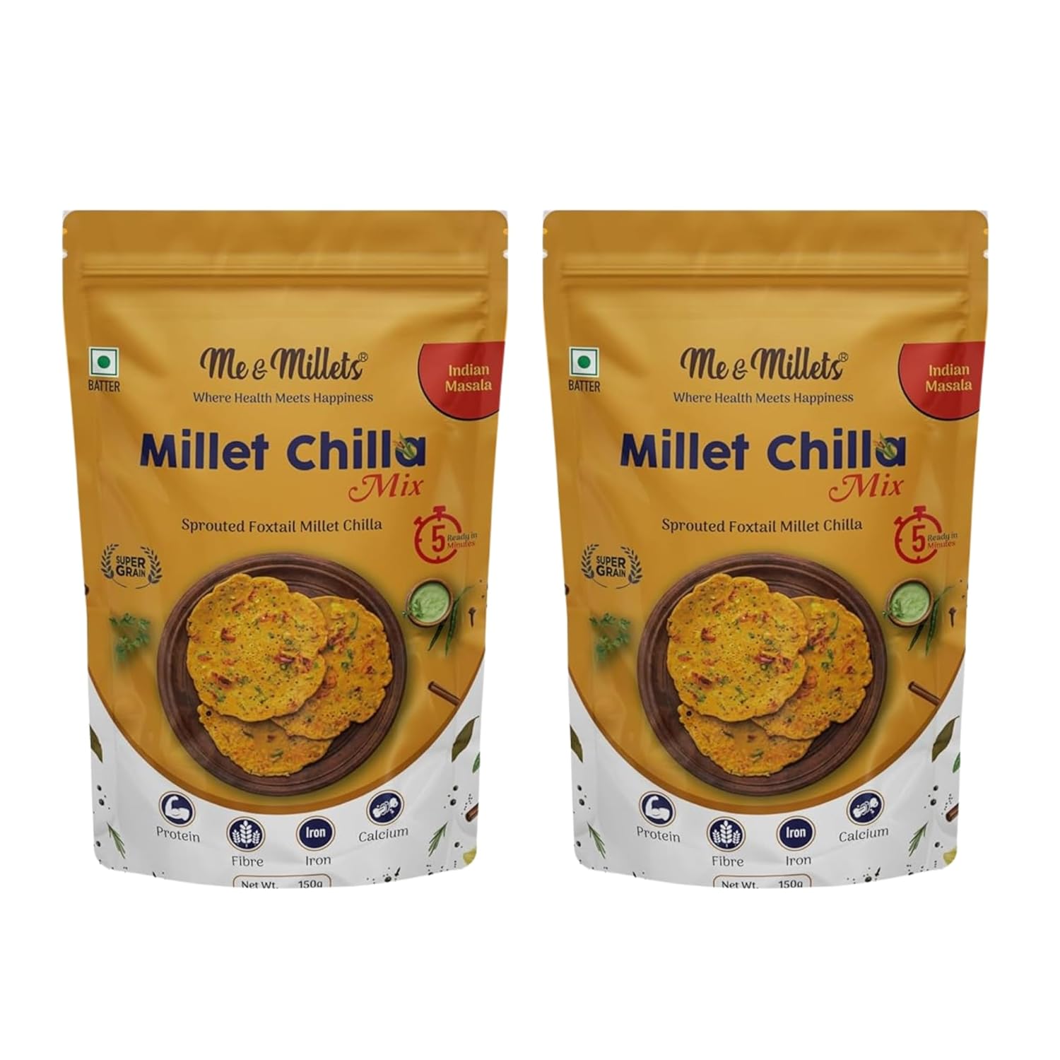 Me & Millets Sprouted Foxtail Millet Chilla Mix Combo (150gX2) - Indian Masala, No Preservatives, No Palm Oil, Natural Healthy Protein & Fiber-Rich Breakfast For Kids & Family (Jain Friendly)
