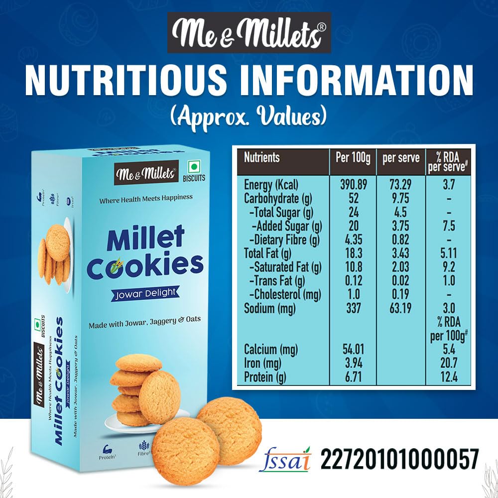 Me & Millets Combo Bajra Bites & Jowar Delight Cookies (75g X 2) Delicious Millets Biscuits, Rich In Fiber & Protein, Healthy Tea Snack (Jain Friendly)