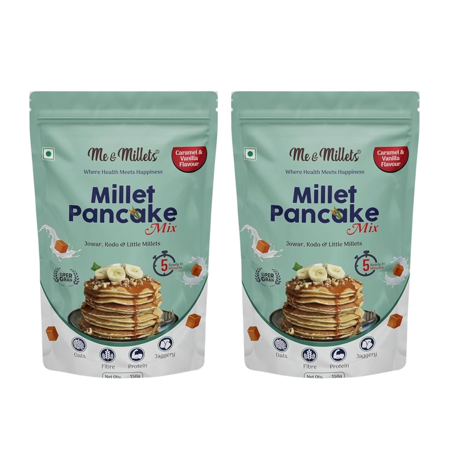 Me & Millets Caramel & Vanilla Flavor Millet Pancake Mix (150g X 2) Sweetness Of Jaggery, No Maida, No Wheat, No Preservatives, Vegetarian, Eggless, Healthy Breakfast for Family (Jain Friendly)