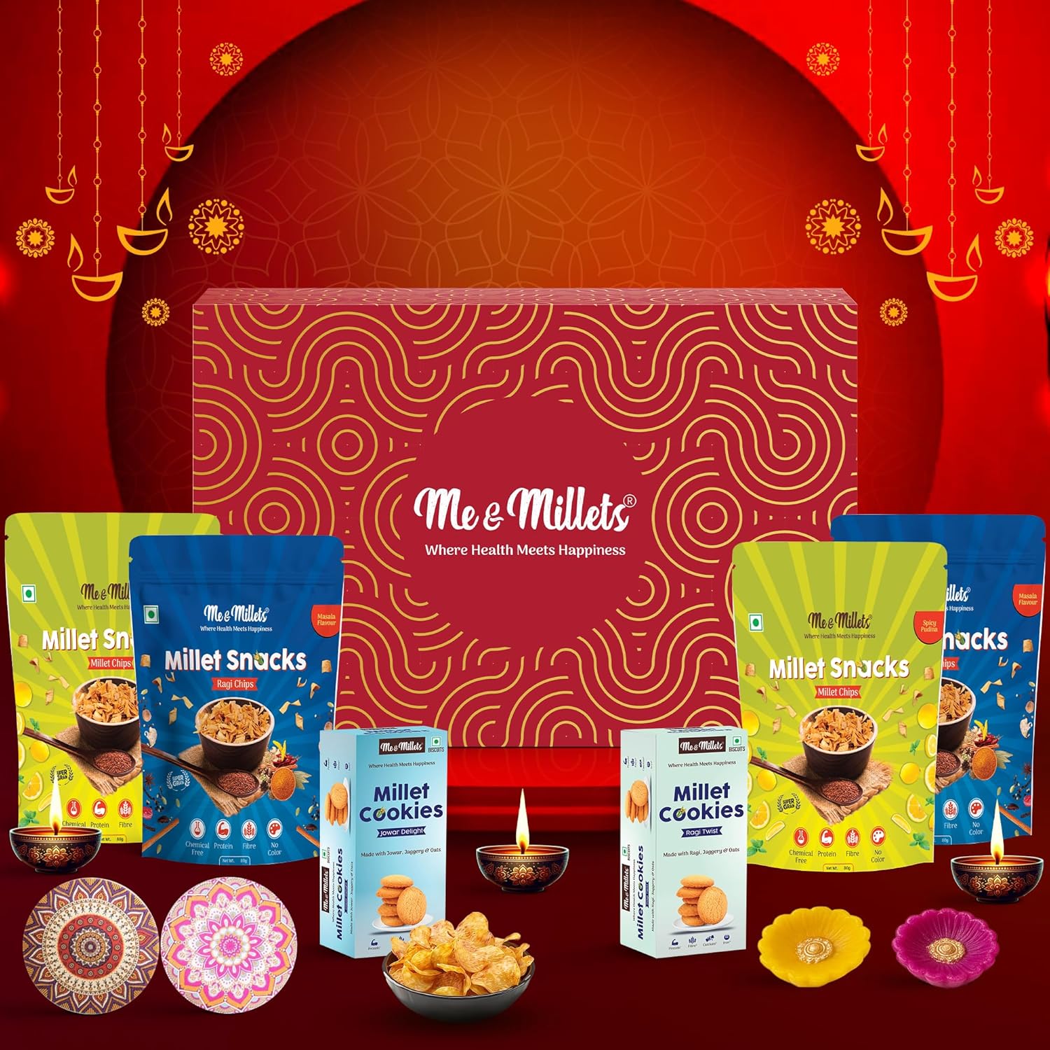 Me & Millets Cookies & Chips Gift Pack | Ragi, Jowar Cookies (75g x1 each) + Pudina, Masala Chips (80g x2 each) | No Maida | Jain Friendly | High Fiber | Diwali Gift for Family, Friends & Corporate
